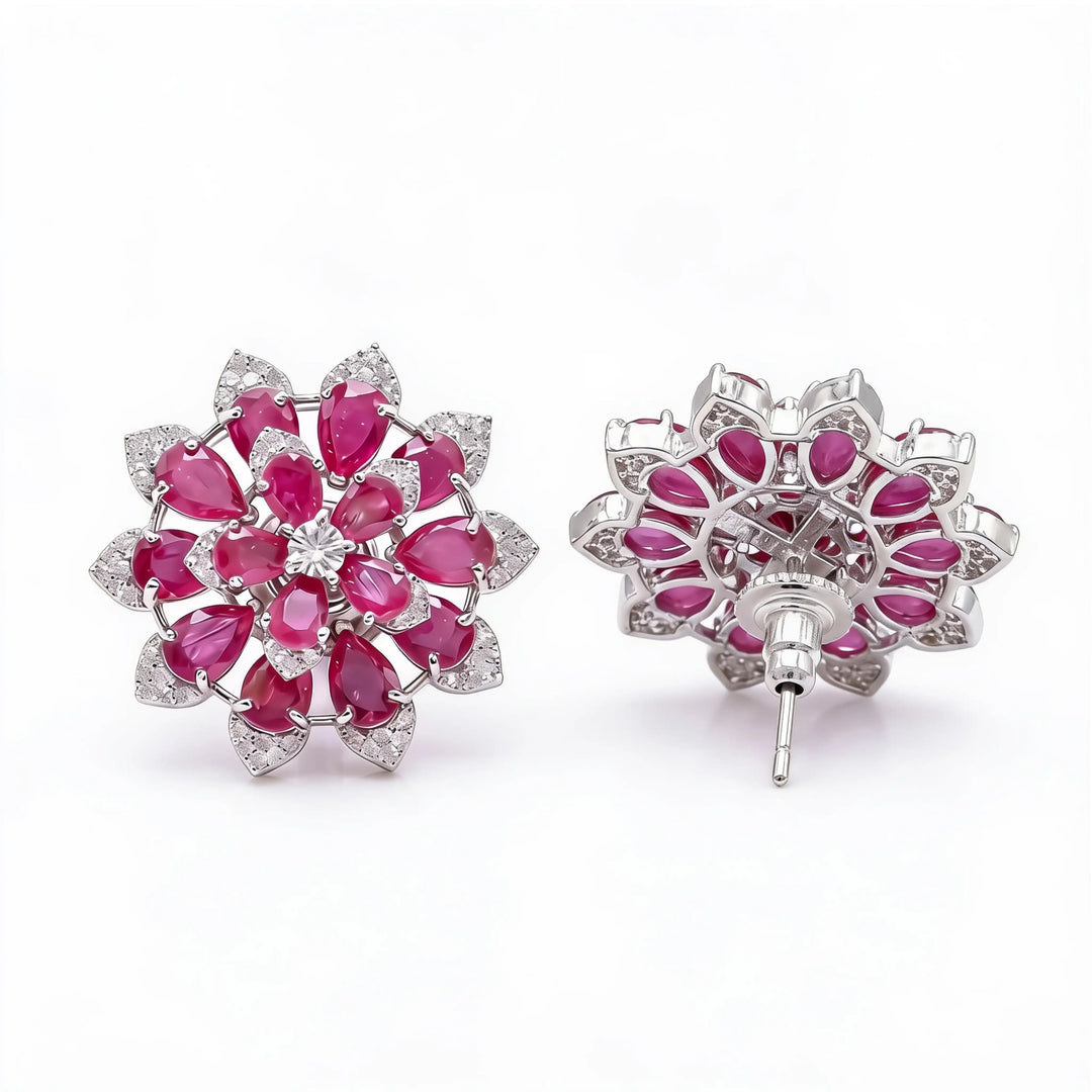 White Crystal Pear Cluster Flower Stud Earrings, Rhodium finish