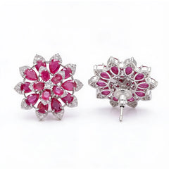 White Crystal Pear Cluster Flower Stud Earrings, Rhodium finish