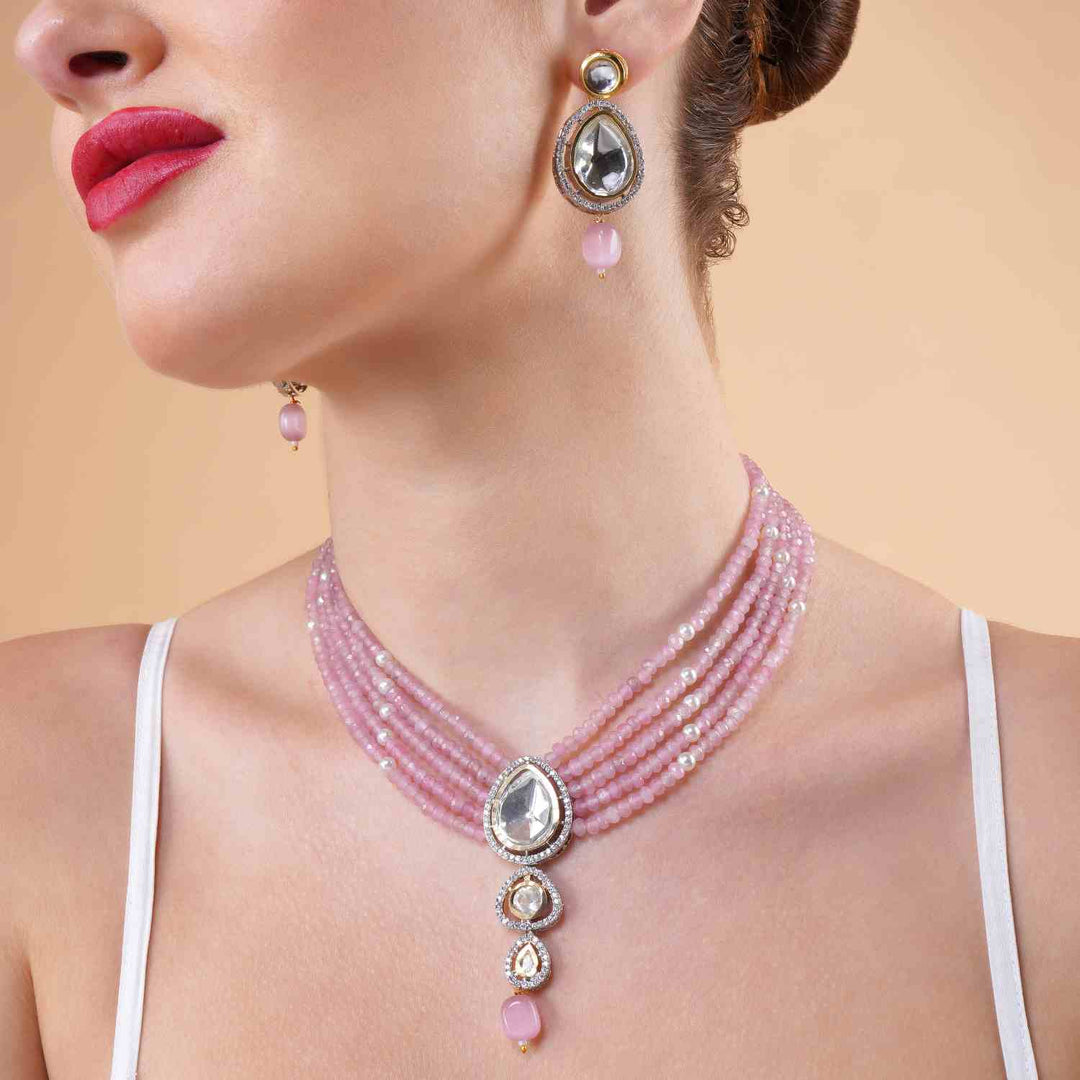 Haniya Pink Beaded Kundan Choker Necklace with Statement Earrings