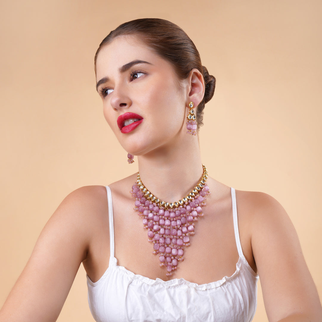 Noor Gold Plated Pink Statement Necklace Set
