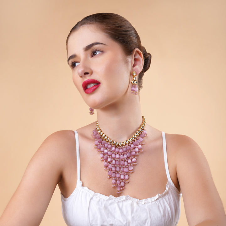 Noor Gold Plated Pink Statement Necklace Set