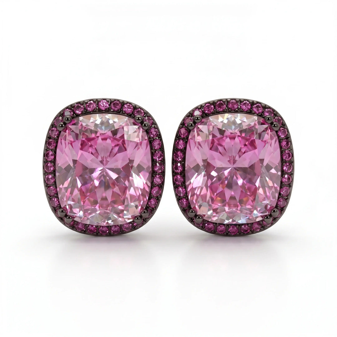 Pink Cushion Halo Stud Earrings