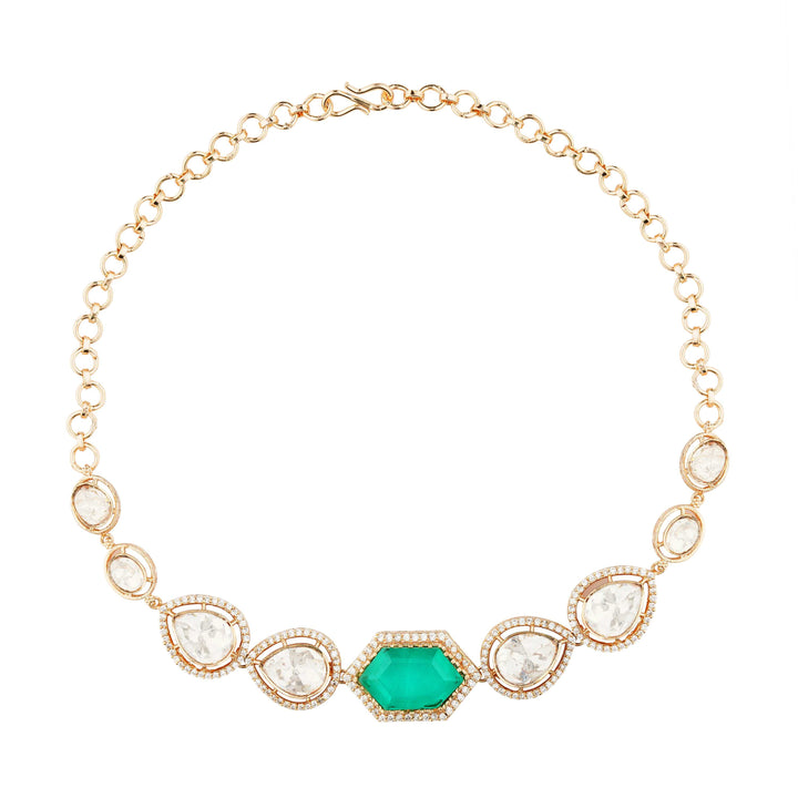Malak Moissanie Emerald Doublet Stone Polki Necklace Set