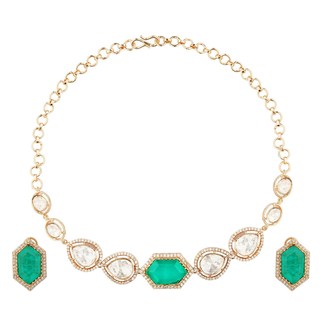 Malak Moissanie Emerald Doublet Stone Polki Necklace Set