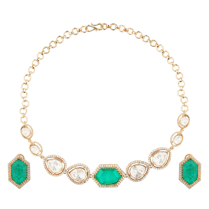 Malak Moissanie Emerald Doublet Stone Polki Necklace Set