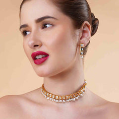 Naazira Gold Plated Kundan Choker Necklace Set with Earrings