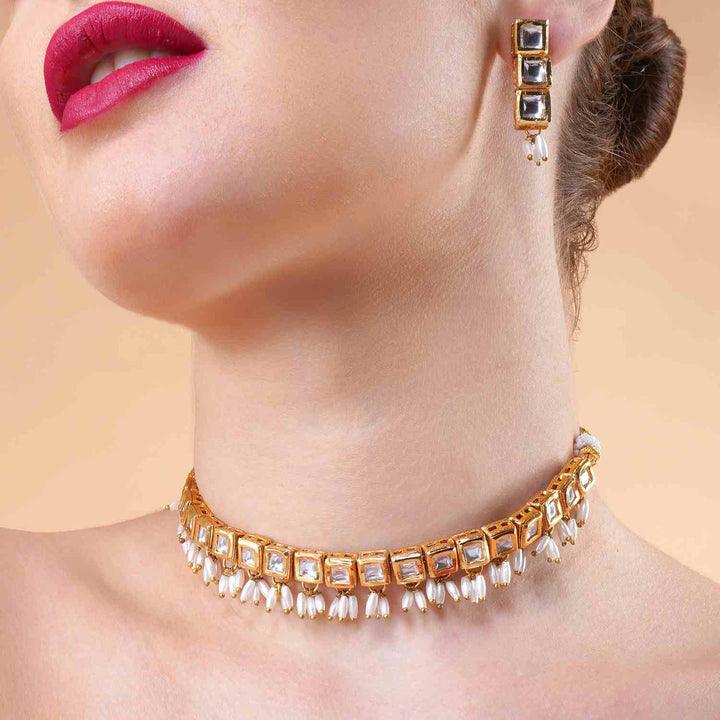 Naazira Gold Plated Kundan Choker Necklace Set with Earrings