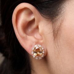 Rouge Oval Crystal Halo Stud Earrings, Gold finish