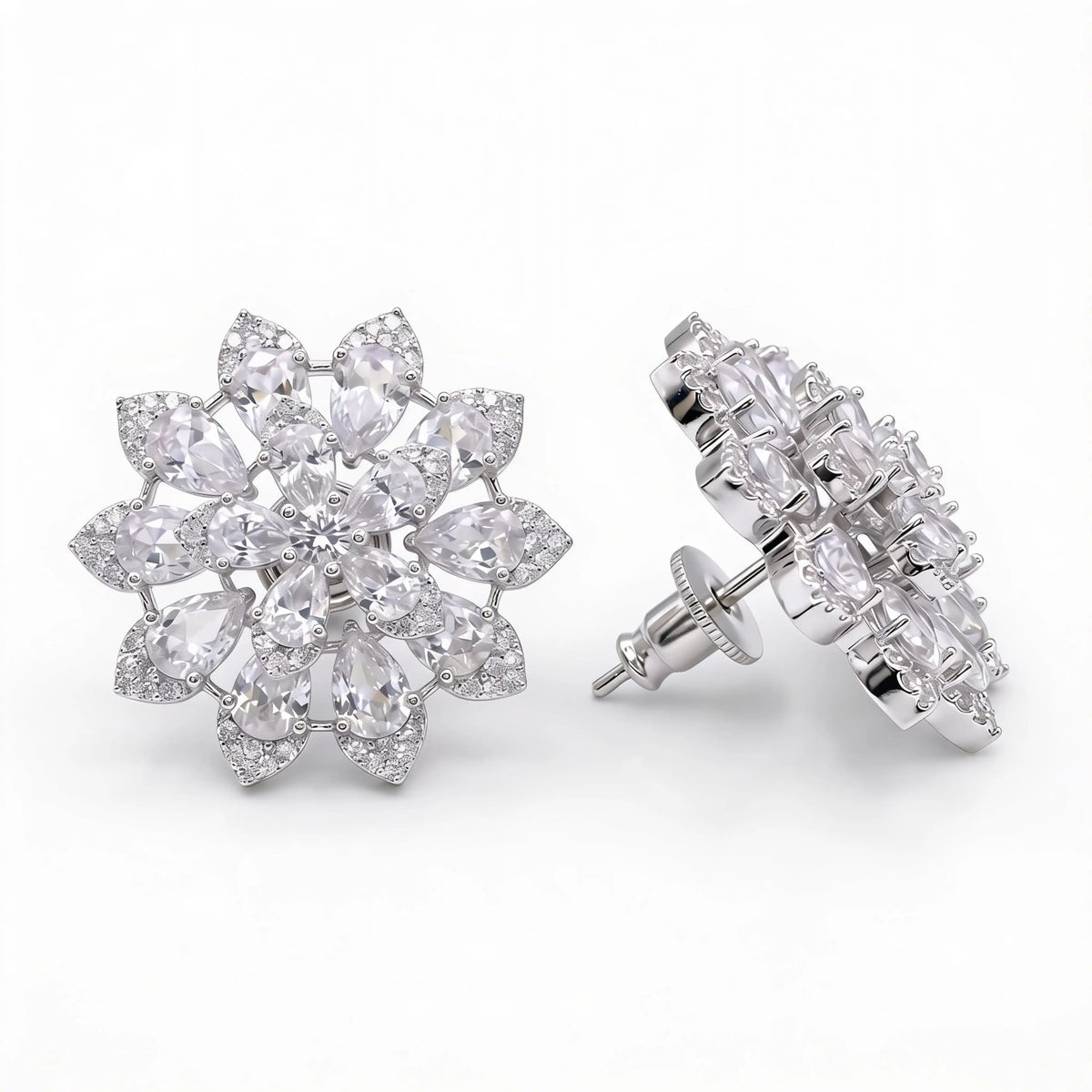 White Crystal Pear Cluster Flower Stud Earrings, Rhodium finish