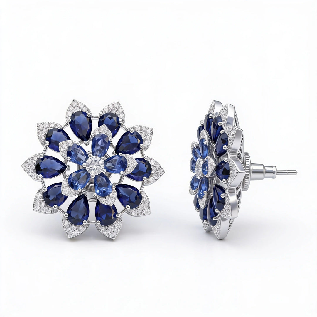 White Crystal Pear Cluster Flower Stud Earrings, Rhodium finish