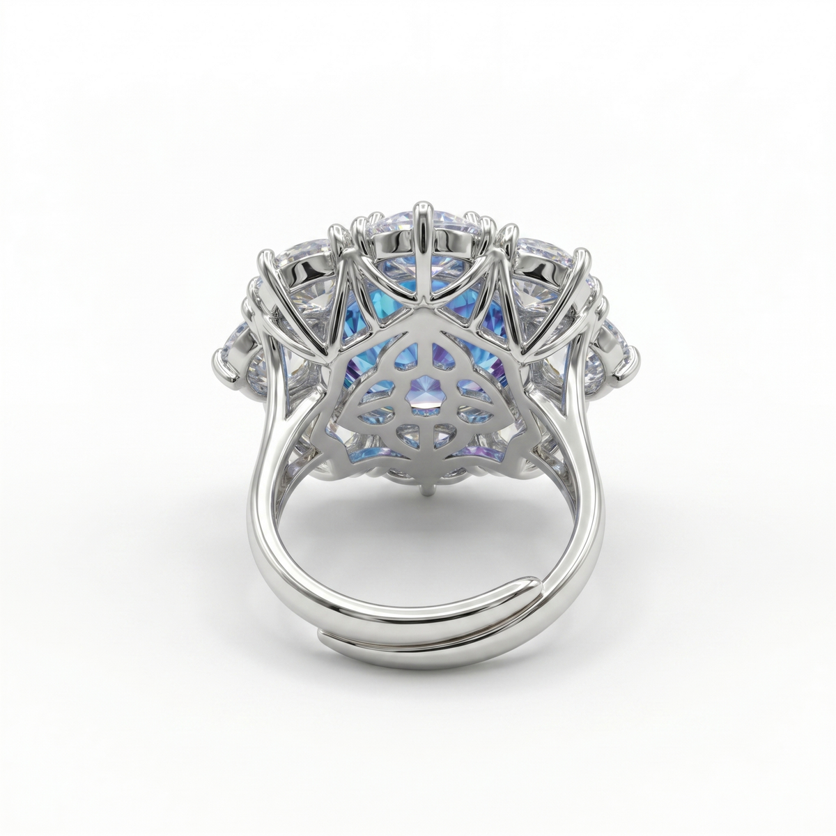 Aurora Crystal Cushion Halo Cocktail Ring, Rhodium finish