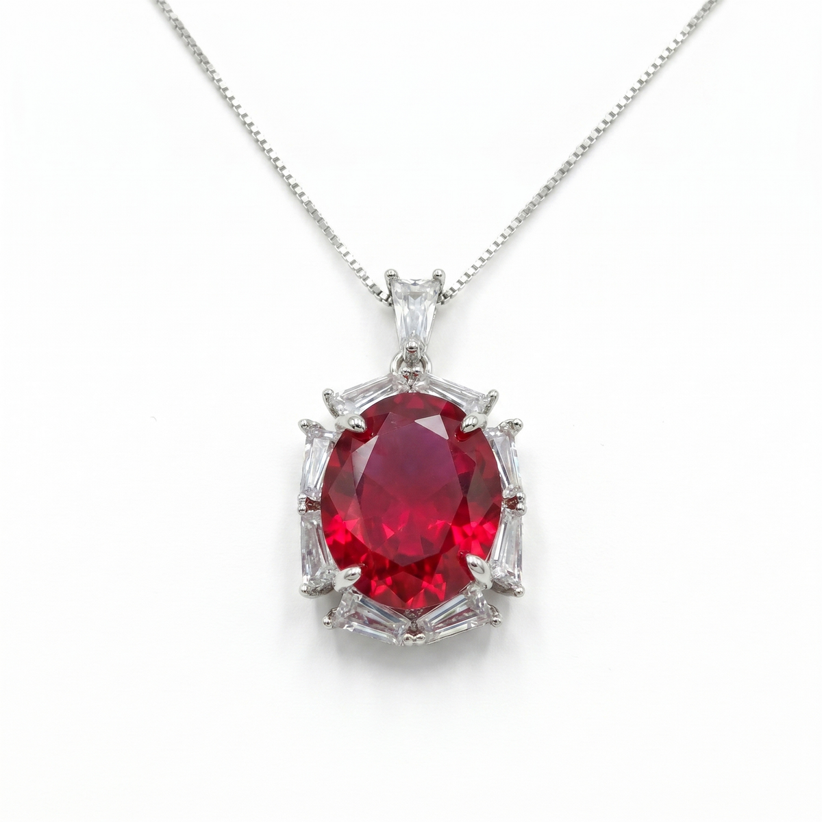 Noctis Rhodium Plated Red Ruby CZ Oval Pendant Necklace