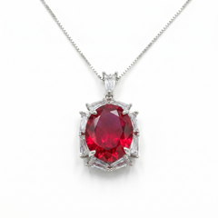 Noctis Rhodium Plated Red Ruby CZ Oval Pendant Necklace