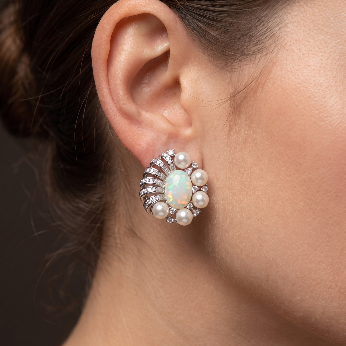 Opal & Pearl Cluster Stud Earrings