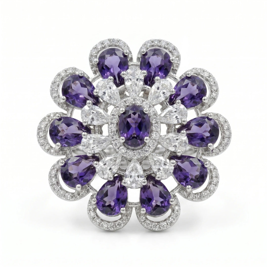 Crystal Oval Floral Cluster Cocktail Ring, Rhodium finish