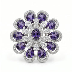 Crystal Oval Floral Cluster Cocktail Ring, Rhodium finish