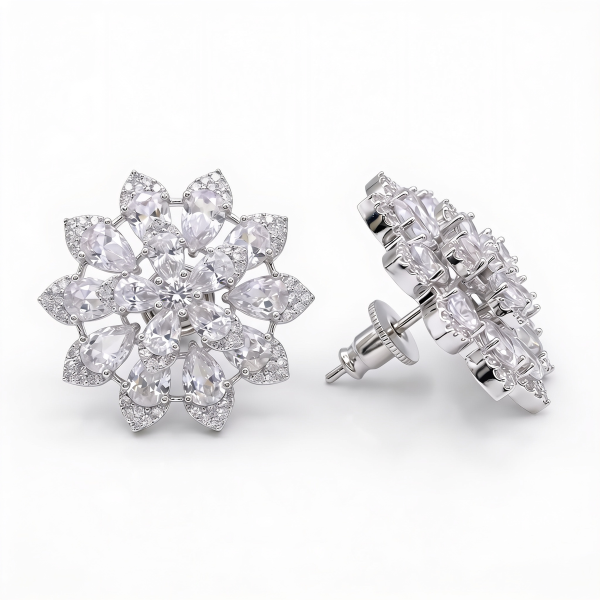 White Crystal Pear Cluster Flower Stud Earrings, Rhodium finish