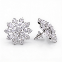 White Crystal Pear Cluster Flower Stud Earrings, Rhodium finish