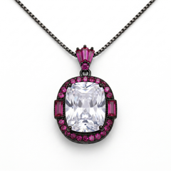Cadence White & Pink Crystal Cushion Halo Pendant Necklace, Black Rhodium finish