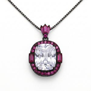 Cadence White & Pink Crystal Cushion Halo Pendant Necklace, Black Rhodium finish
