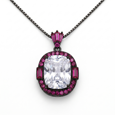 Cadence White & Pink Crystal Cushion Halo Pendant Necklace, Black Rhodium finish