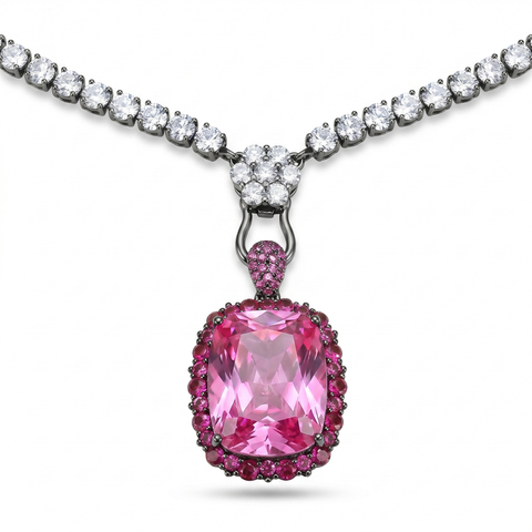 Rebecca Ruthenium Pink Crystal Cushion Pendant Tennis Necklace, Black Rhodium finish