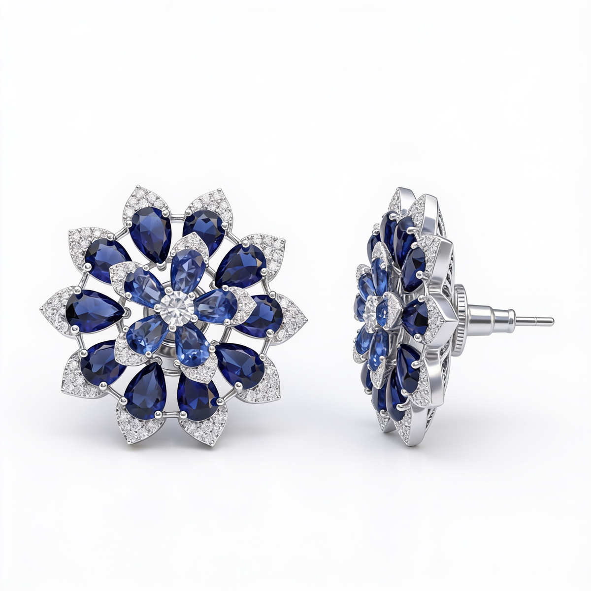 White Crystal Pear Cluster Flower Stud Earrings, Rhodium finish