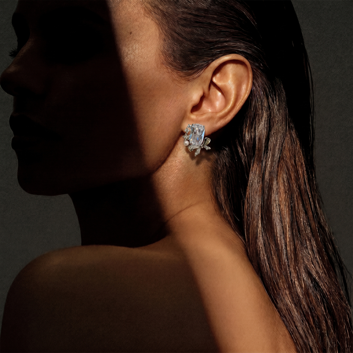 Bowelle White Crystal & Pearl Bow Stud Earrings, Cushion cut, Rhodium finish