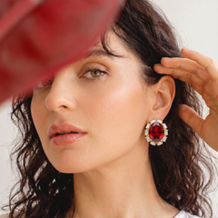 Rouge Oval Crystal Halo Stud Earrings, Gold finish