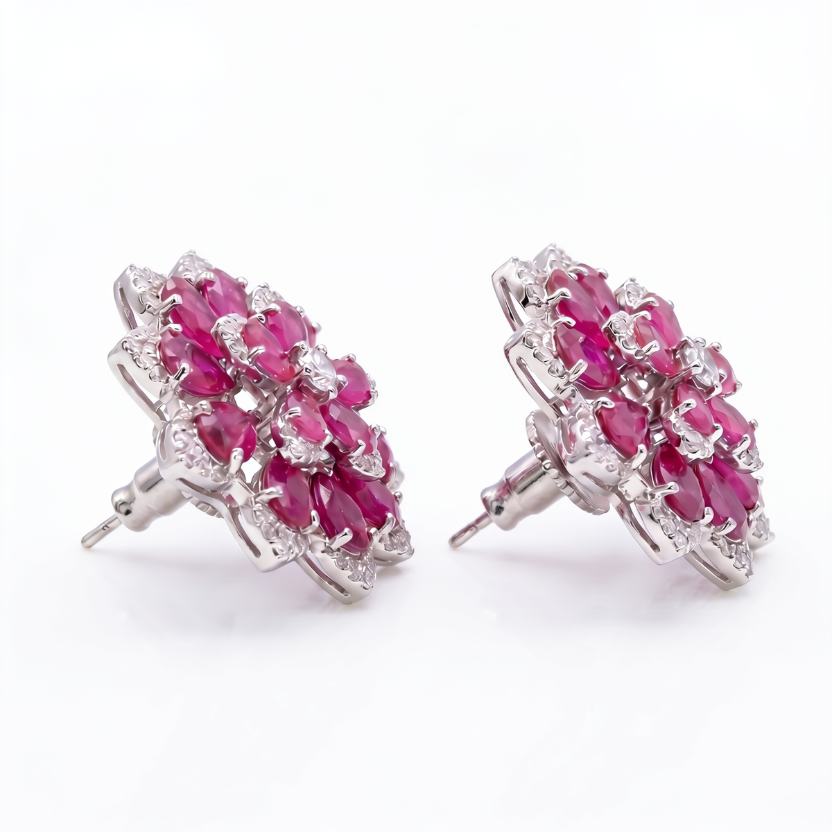 White Crystal Pear Cluster Flower Stud Earrings, Rhodium finish