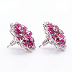White Crystal Pear Cluster Flower Stud Earrings, Rhodium finish