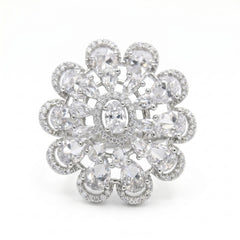 Crystal Oval Floral Cluster Cocktail Ring, Rhodium finish