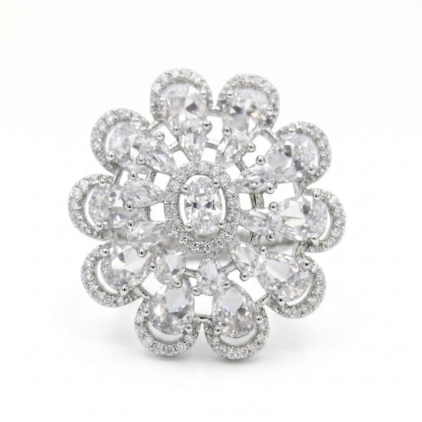 Crystal Oval Floral Cluster Cocktail Ring, Rhodium finish