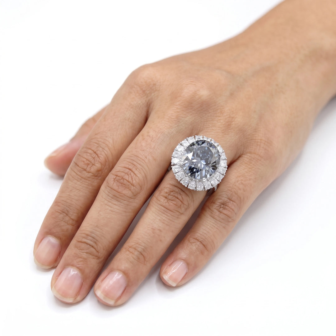 Grey oval halo cocktail ring for women, adjustable - RANGREZ (view 4)