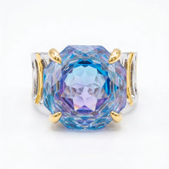 Canvas Crystal Emerald Cut Two-Tone Statement Cocktail Ring, Gold &amp; Rhodium finish