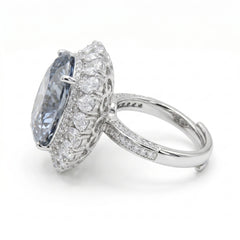 Grey Crystal Oval Halo Statement Cocktail Ring, Rhodium finish
