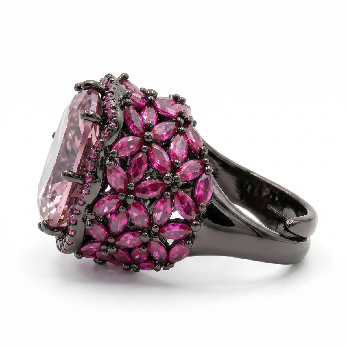 Jardina Ruthenium Crystal Floral Statement Cocktail Ring, Black Rhodium finish