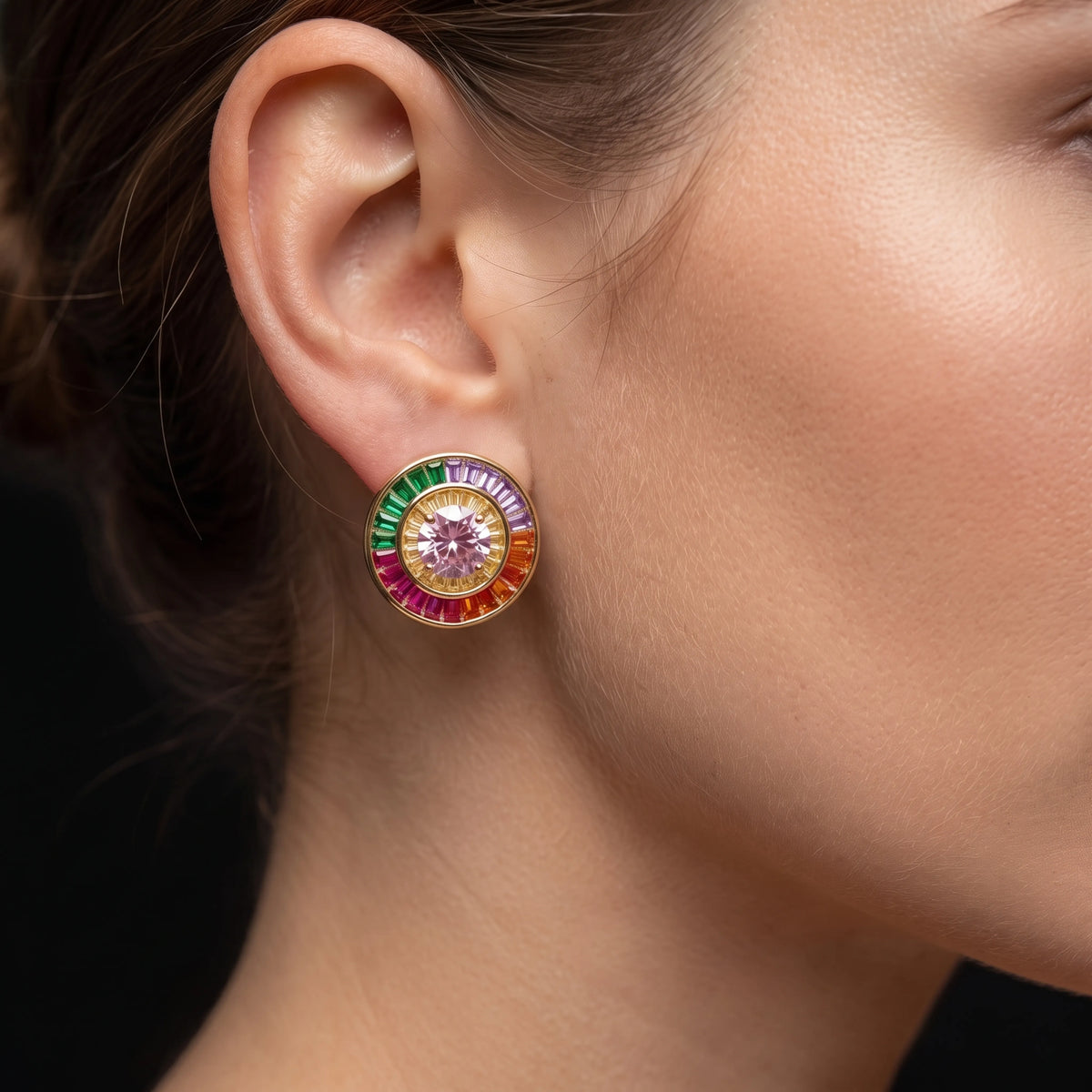 Multicolour round halo stud earrings for women, gold finish - RANGREZ (view 8)