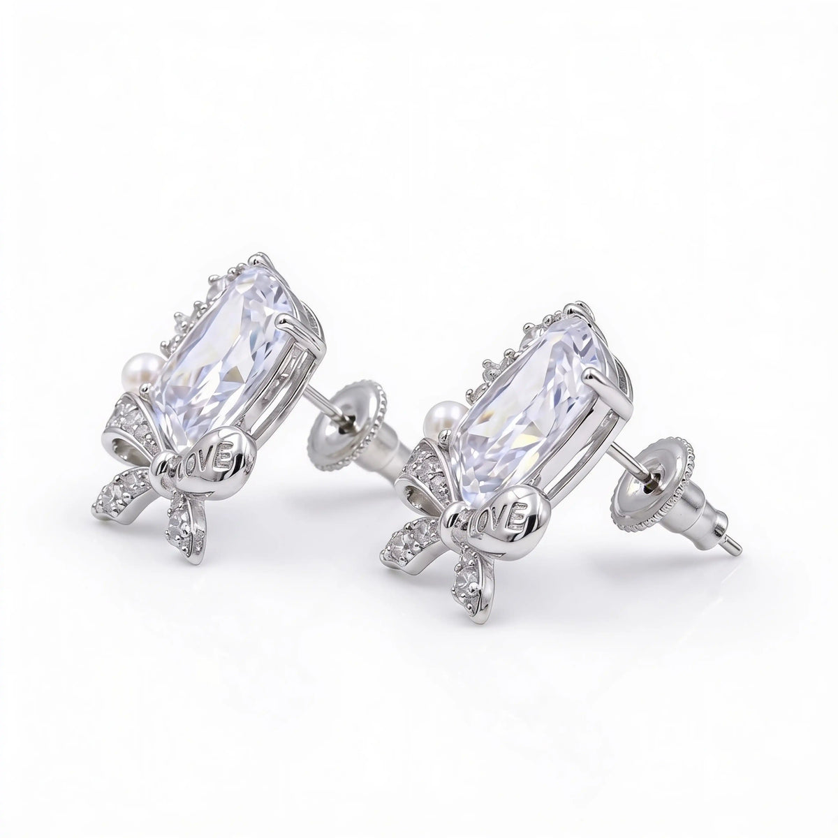 Bowelle White Crystal & Pearl Bow Stud Earrings, Cushion cut, Rhodium finish