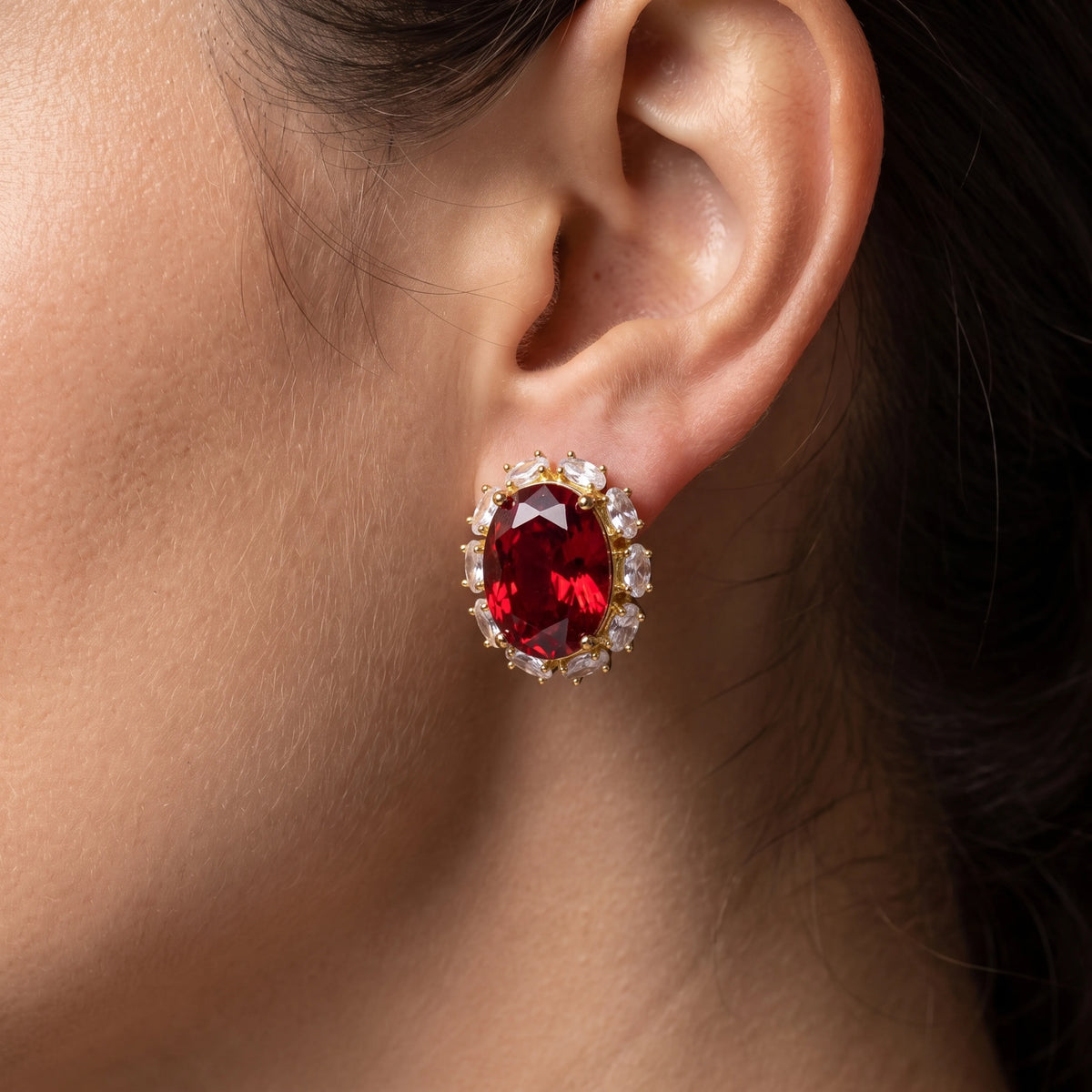 Rouge Oval Crystal Halo Stud Earrings, Gold finish