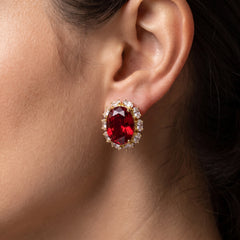 Rouge Oval Crystal Halo Stud Earrings, Gold finish