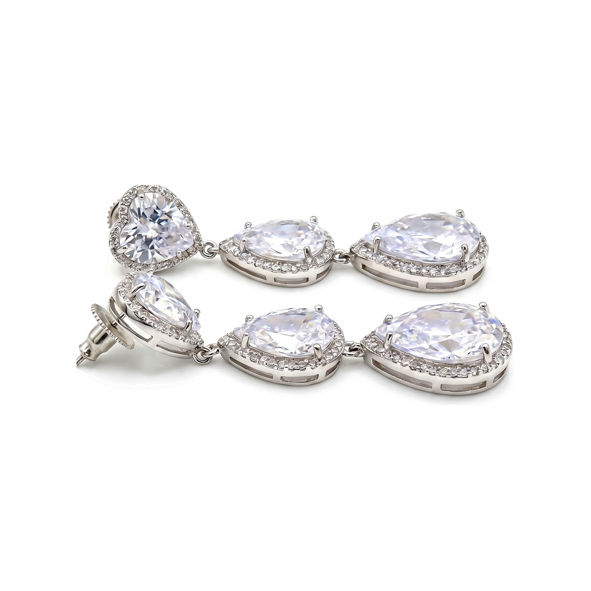 White Crystal Heart & Teardrop Drop Earrings, Rhodium finish