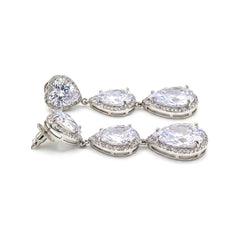 White Crystal Heart & Teardrop Drop Earrings, Rhodium finish