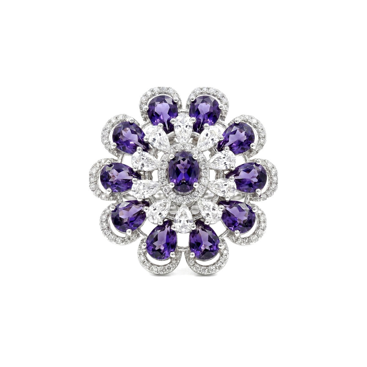White crystal oval floral cluster cocktail ring for women, rhodium - RANGREZ