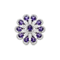 White crystal oval floral cluster cocktail ring for women, rhodium - RANGREZ