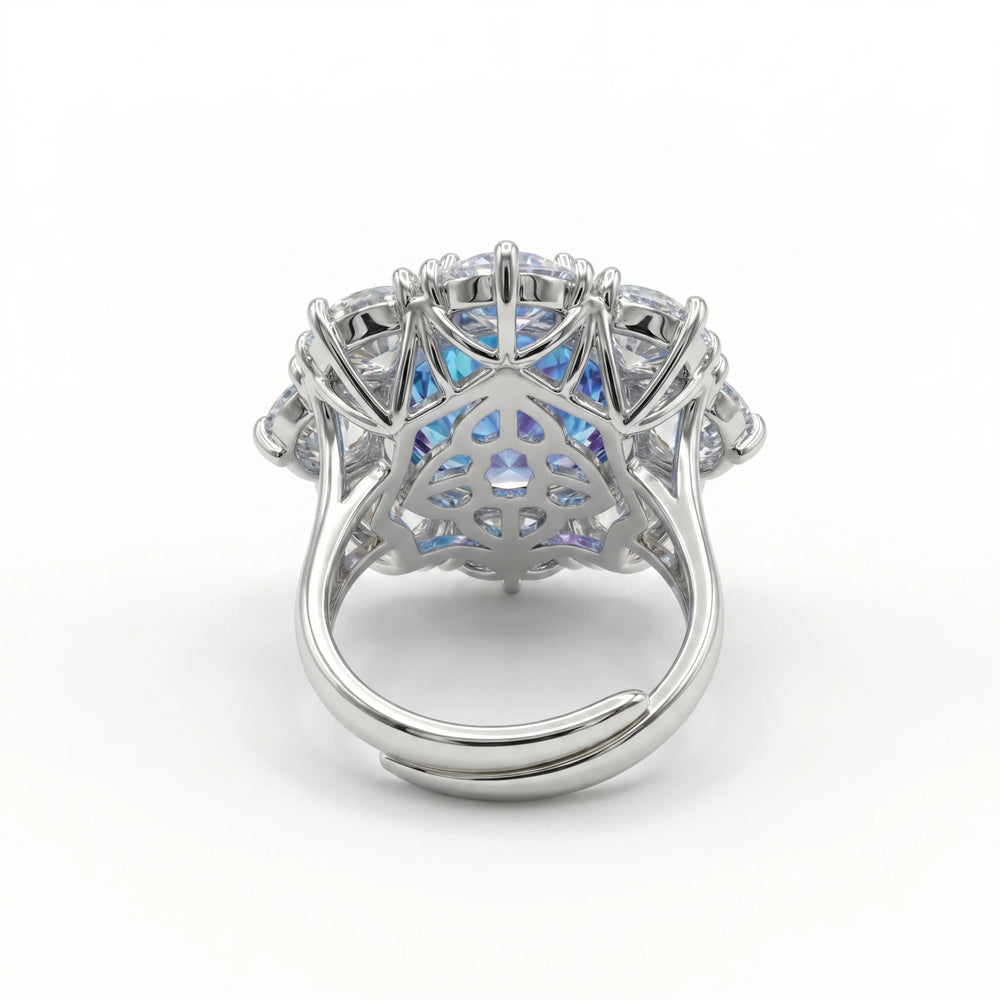 Aurora Crystal Cushion Halo Cocktail Ring, Rhodium finish