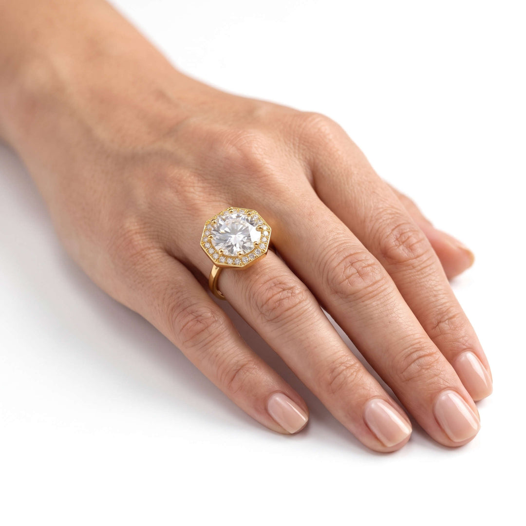 Gold octagonal halo solitaire ring for women - RANGREZ (view 4)