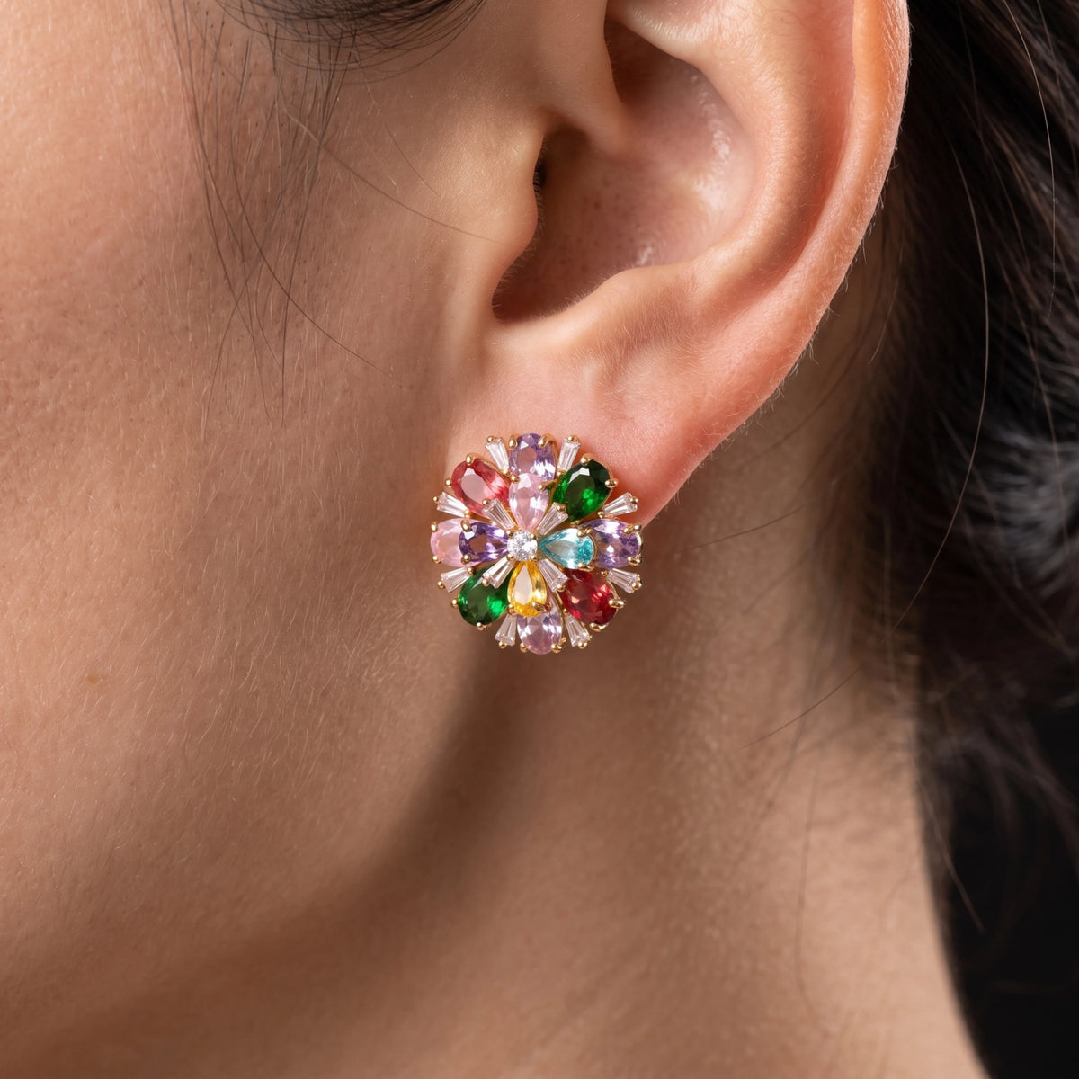 Gold multicolour floral stud earrings for women - RANGREZ (view 10)