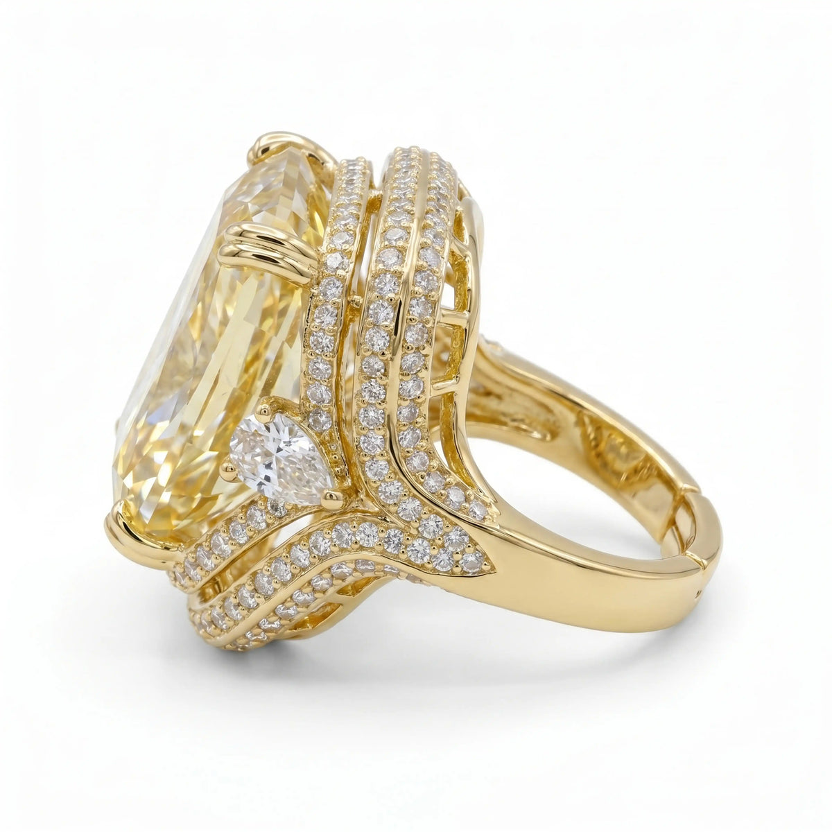 Crystal Cushion Cut Double Halo Statement Cocktail Ring, Gold finish