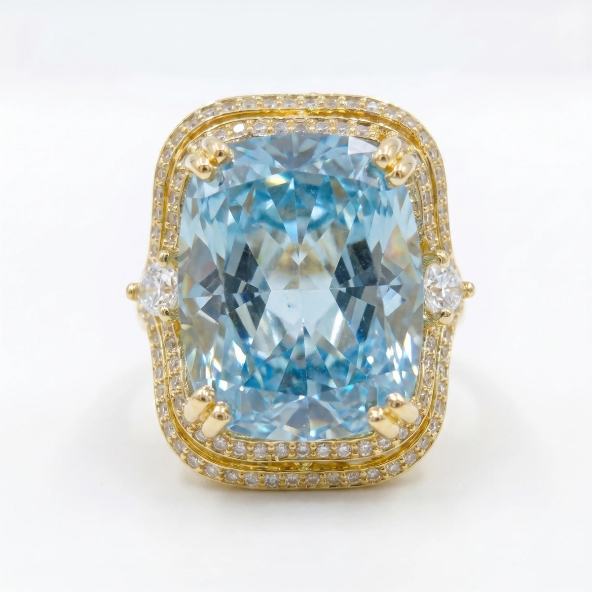 Crystal Cushion Cut Double Halo Statement Cocktail Ring, Gold finish